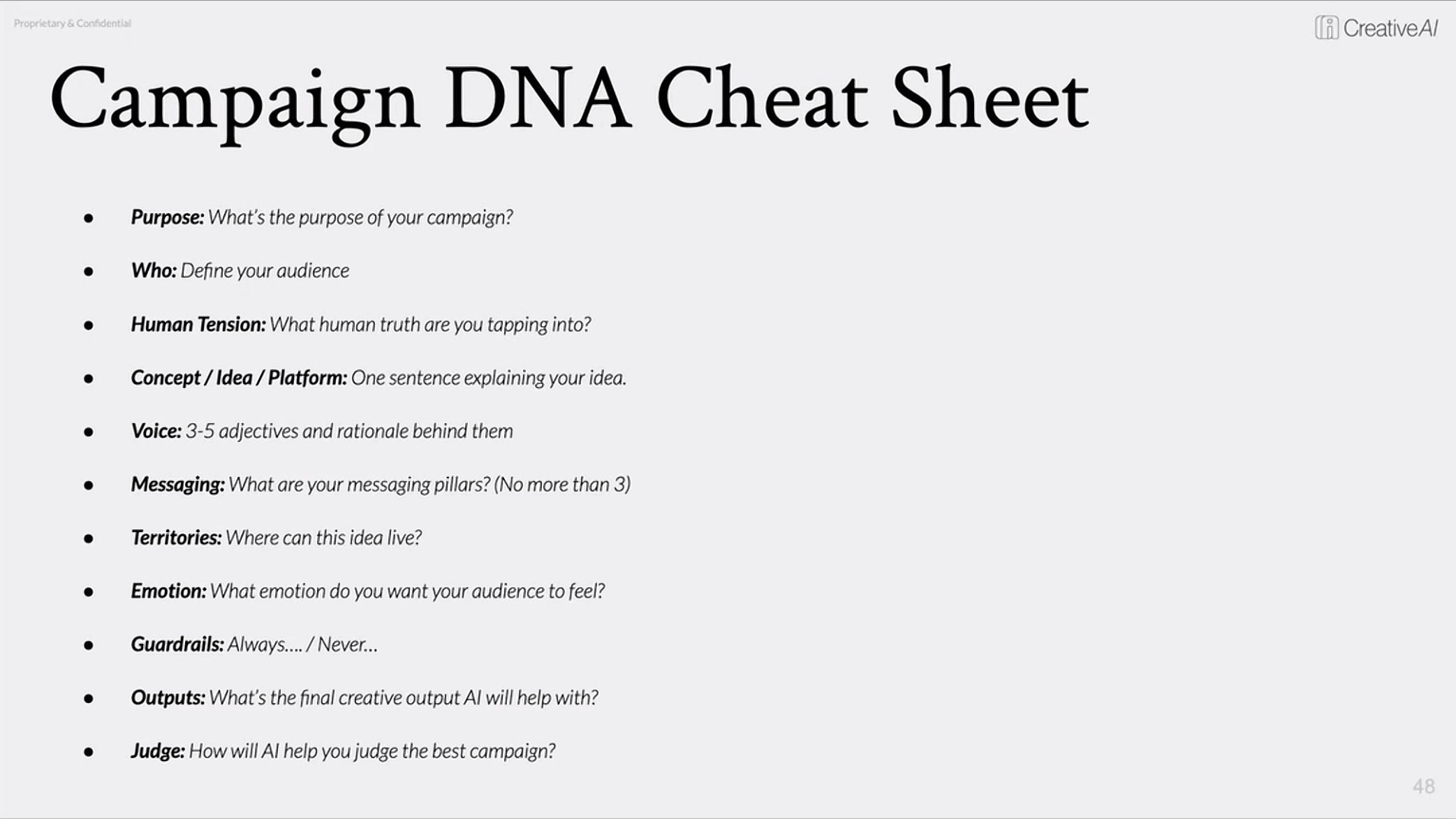 Antonio's Campaign DNA cheat sheet slide