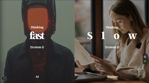 Split slide: AI "Thinking fast (System 1)" robot vs Human "Thinking Slow (System 2)" reader
