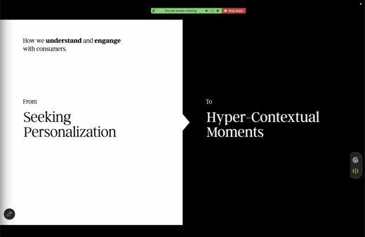 A slide reads From Seeking Personalization To Hyper-Contextual Moments, with a Zoom screen-share toolbar visible at the top.