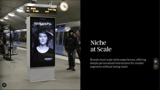 "Niche at Scale" detail with Apotek apolosophy subway billboard; personalized niche experiences without losing reach