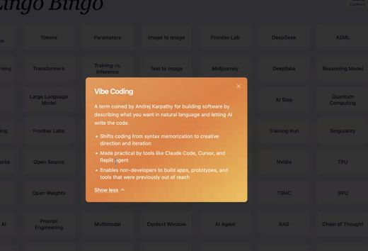 A popup card titled Vibe Coding shows a definition and three bullet points over a dimmed grid of AI terms.