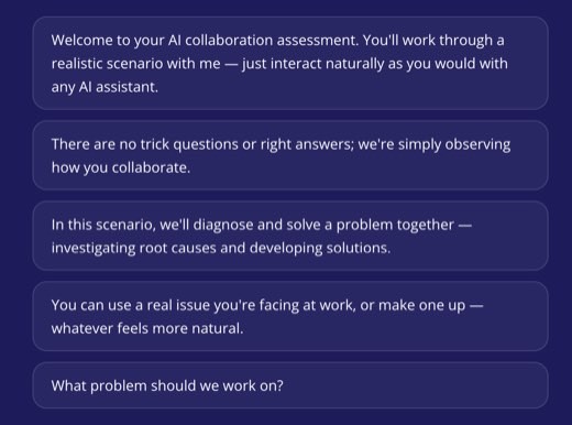Corrix Live Chat assessment intro messages, "Welcome to your AI collaboration assessment." onboarding chat