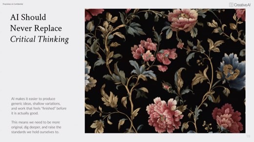 "AI Should Never Replace Critical Thinking" slide with dark floral artwork; raise your standards