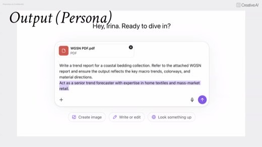 "Output (Persona)" demo: adds "Act as a senior trend forecaster" home textiles persona line
