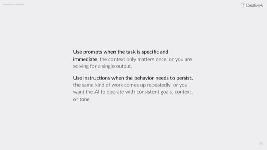 Text slide: use prompts for specific immediate tasks, instructions when behavior needs to persist
