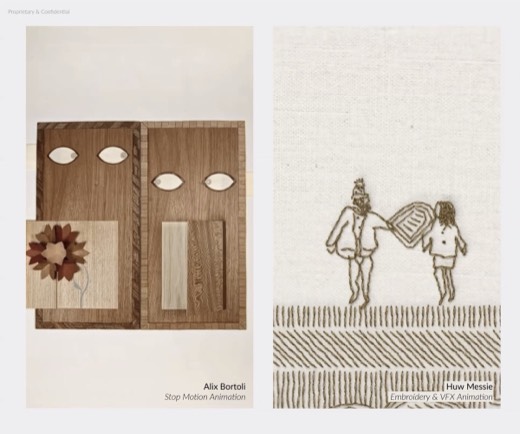 Hugo Boss examples: three panels of craft material collages, illustration, and tailored suit imagery