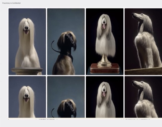 Midjourney demo: two afghan hound grids with matching seed values circled, Style Creator panel
