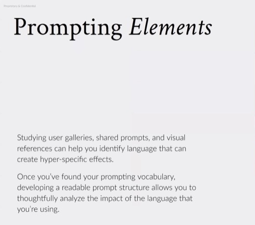 Slide "Prompting Elements": study galleries and shared prompts to build prompting vocabulary, glitch portrait