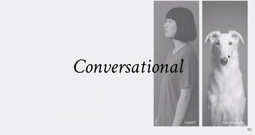A slide reads Conversational next to a black and white photo of a woman and a black and white photo of a dog, labeled ChatGPT and Nano Banana Pro.