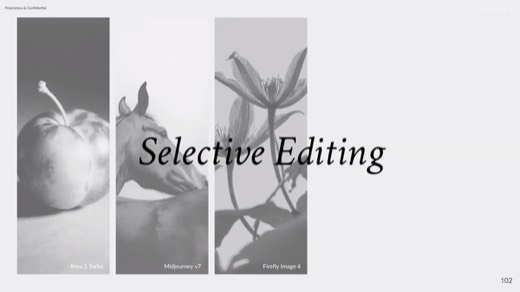 Slide "Selective Editing": Krea 2 Turbo, Midjourney v7, Firefly Image 4 panels
