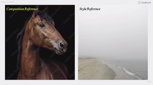 Slide pairing "Composition Reference" brown horse portrait with "Style Reference" foggy beach, Adobe Stock