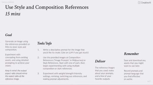 Activity brief "Use Style and Composition References / 15 mins": Goal, Tools/Info, Deliver, Remember