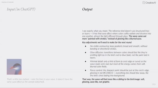 "Output": ChatGPT self-analysis listing key adjustments, glow diffusion, minimal detail, focus control