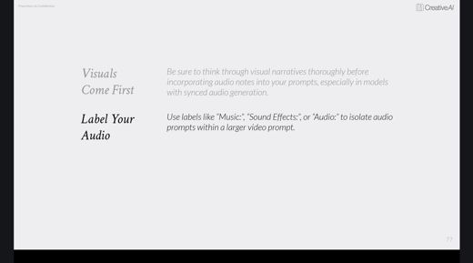 Slide reading Visuals Come First and Label Your Audio, each with two lines of explanatory text beside it.