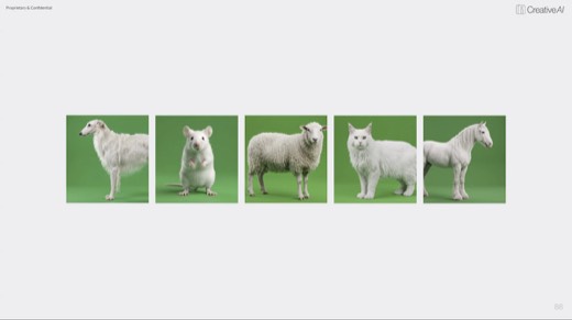 Slide 86: five white animals on green backgrounds, borzoi, mouse, sheep, cat, horse reference set