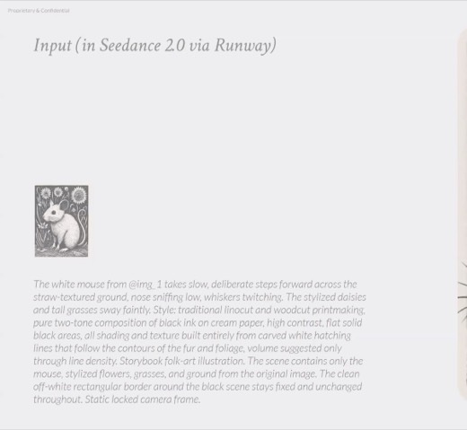Slide 100 Seedance/Runway video playing, mouse mid-step frame