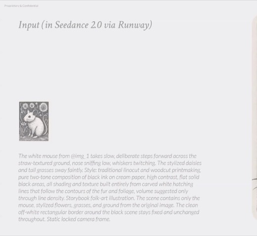 Slide 100 Seedance/Runway video frame, mouse turned away sniffing ground