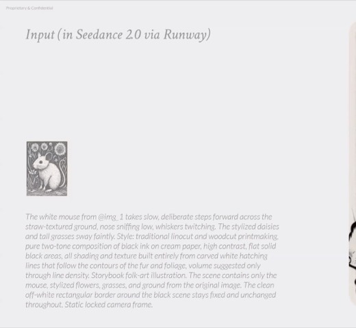 Slide 100 Seedance/Runway video frame, mouse lowering nose toward detritus