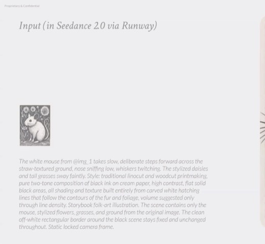 Slide 100 Seedance/Runway video frame, mouse sniffing ground at frame left