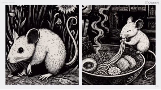 Two-up Midjourney video frames, garden mouse crouching, ramen mouse eating noodles