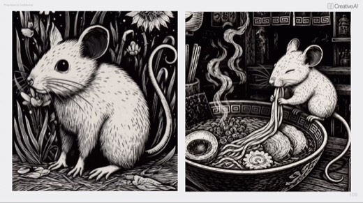 Two-up video frames, garden mouse nibbling flower, ramen mouse mid-slurp