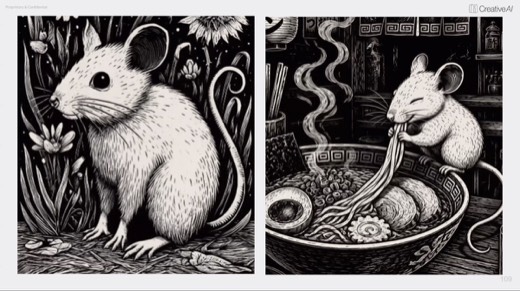 Two-up video frames, garden mouse sniffing flower, ramen mouse with noodle bundle
