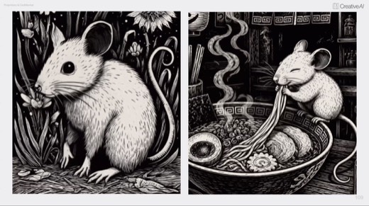 Two-up video frames, garden mouse in profile, ramen mouse slurping long noodles