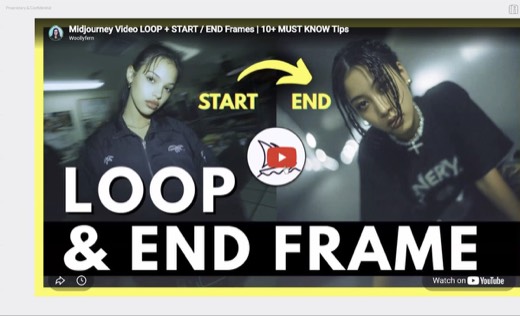 Slide with YouTube thumbnail "Midjourney Video LOOP + START / END Frames