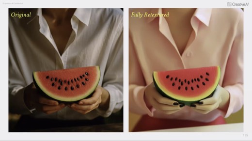 "Original" vs "Fully Retextured" slide, woman holding watermelon slice, retexture comparison