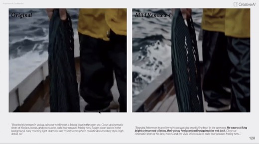 "Original" vs "Mild Remix x 4" fisherman, net hauled on deck, legs comparison frames