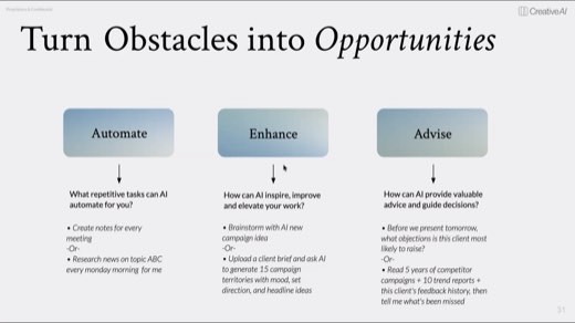 A slide titled "Turn Obstacles into Opportunities" with the Automate, Enhance, and Advise categories filled in with example AI prompts for each.