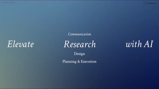 A dark blue title slide reading "Elevate Research, Design, Planning & Execution with AI" under the heading Communication.