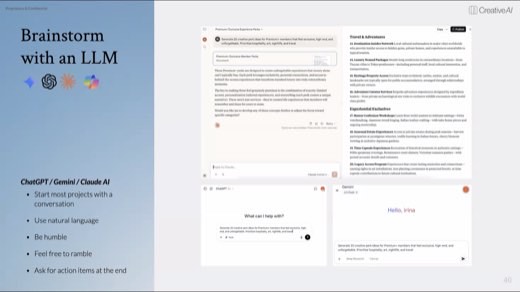 Slide titled "Brainstorm with an LLM" showing example screenshots of Claude, ChatGPT, and Gemini generating a list of premium membership perk ideas.