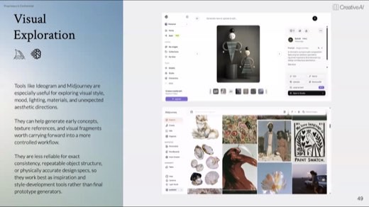 A slide titled "Visual Exploration" describing Ideogram and Midjourney as tools for early concept and mood-board generation, with screenshots of both apps' interfaces.