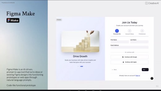 Slide titled "Figma Make" showing a two-panel prototype of a "Join Us Today" account sign-up flow generated from a text prompt.