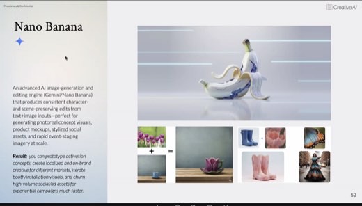 A slide titled "Nano Banana" describing Google's Gemini image-editing model, showing a robotic banana render and example product-mockup image pairs.