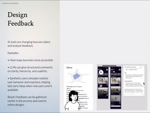 Slide titled "Design Feedback" describing AI-assisted heat maps, structured comments, and synthetic user personas, next to a persona profile named Oliver and mobile...