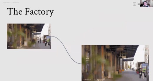 Slide: "The Factory": storefront photo (Aesop/Bally) node-linked to enhanced/upscaled version
