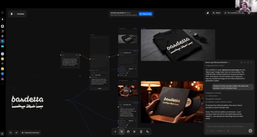 Krea canvas, Run workflow button, Band Logo node selected (blue outline), Tony Jones webcam