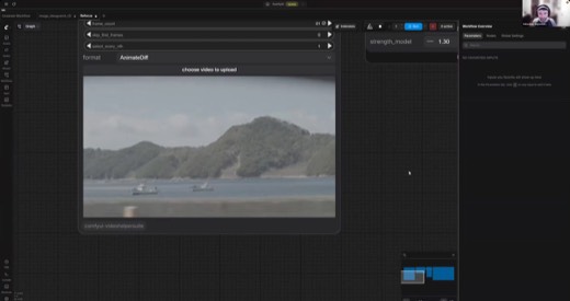 ComfyUI "ReFocus" workflow: AnimateDiff node, upload video panel, shaky boats/mountain footage
