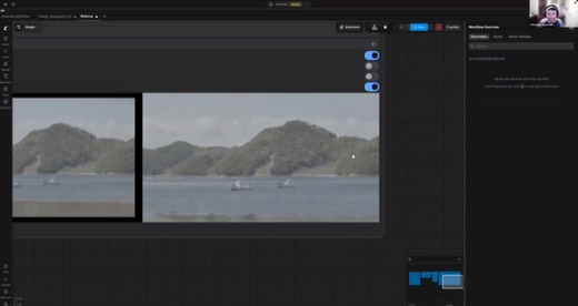 ComfyUI, split-view before/after comparison: stabilized vs. original boats/mountain footage