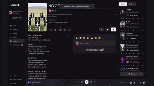 Suno interface, tool-review demo. Tony's account showing his own track "NO CONTROL" (style tags: dark future house, underground indie,...