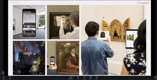 A Zoom screen share of five images showing museum visitors using phones and tablets for AR-enhanced art viewing at the Neue Nationalgalerie.