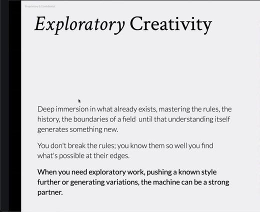 A slide titled "Exploratory Creativity" describing deep immersion in a field's rules and boundaries as a way AI can push known styles further.