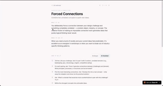 The "Forced Connections" method page shown again from the top, listing what it is, when to use it, and the AI-assisted how-to steps.