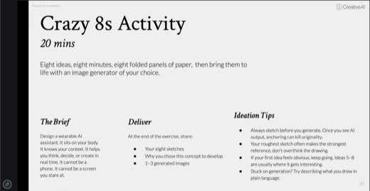 Slide titled "Crazy 8s Activity" (20 mins) with a brief to design a wearable AI assistant, a deliverables list, and ideation tips.