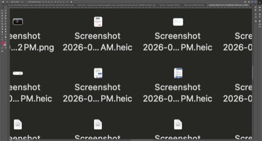 A Photoshop file browser screen zoomed in on a grid of screenshot thumbnails being organized into a layered document.