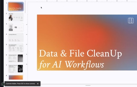 Title slide: "Data & File CleanUp for AI Workflows" with the deck's slide rail visible.