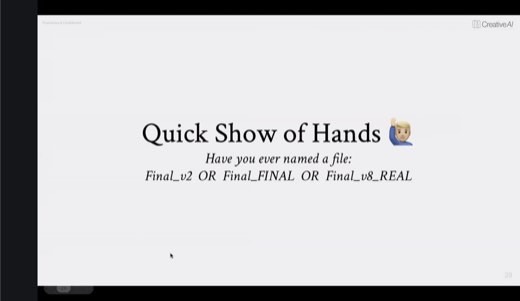 Slide: "Quick Show of Hands": ever named a file Final_v2, Final_FINAL, Final_v8_REAL?