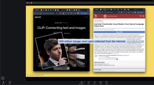Slide: CLIP paper (arXiv): "400 million (image, text) pairs collected from the internet," with a shushing Sam Altman photo. OpenAI won't say...